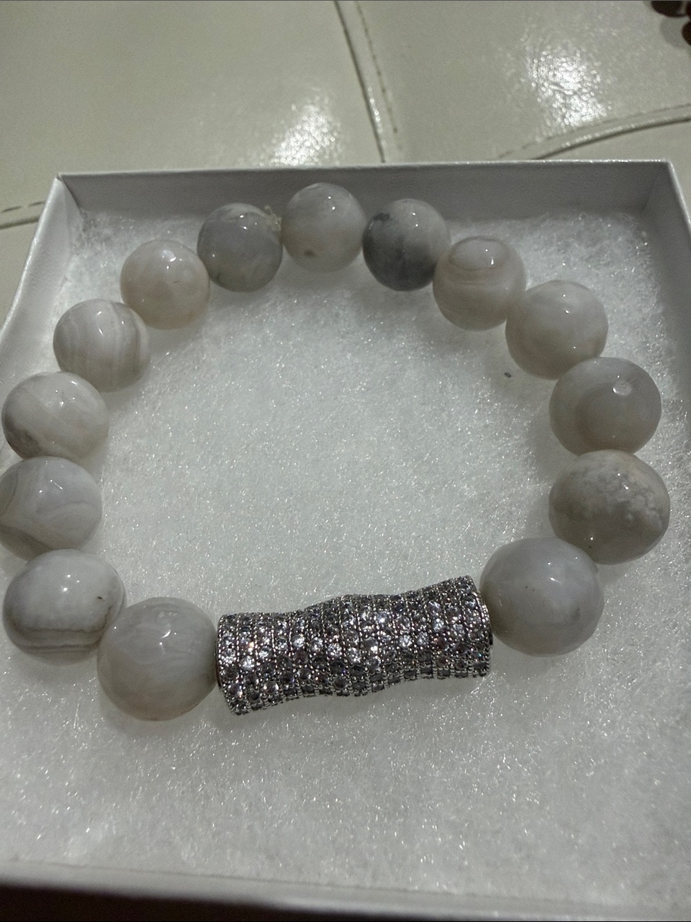 Sterling-Style White Agate Bead Bracelet with Pave Silver Accent